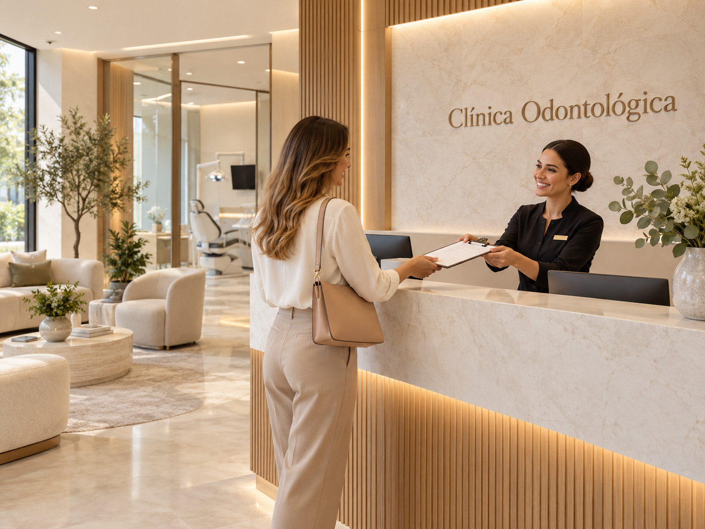 Recepção acolhedora de uma clínica odontológica premium